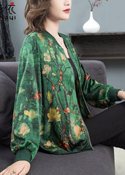 2024 Green O-Neck Print Zip Up Silk Coats Long Sleeve