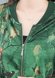 2024 Green O-Neck Print Zip Up Silk Coats Long Sleeve