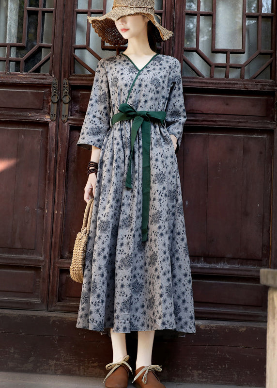 2024 Green Tie Waist Print Linen Long Dress Three Quarter sleeve