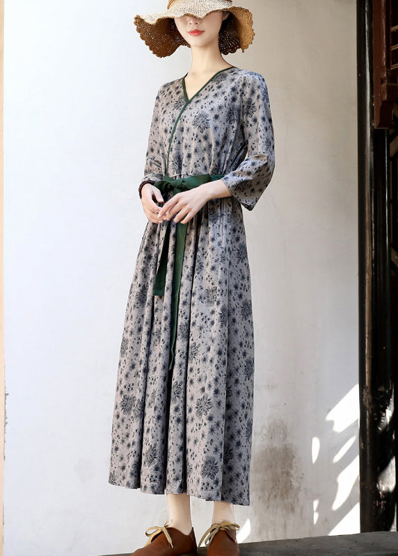 2024 Green Tie Waist Print Linen Long Dress Three Quarter sleeve