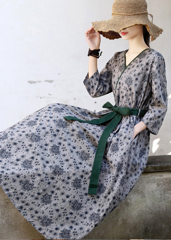 2024 Green Tie Waist Print Linen Long Dress Three Quarter sleeve