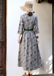 2024 Green Tie Waist Print Linen Long Dress Three Quarter sleeve