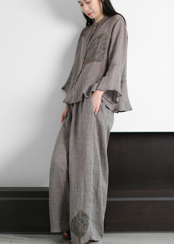 2024 Grey Stand Collar Print Linen Tops And Wide Leg Pants Two Piece Outfit flare sleeve