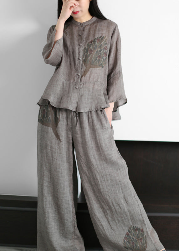 2024 Grey Stand Collar Print Linen Tops And Wide Leg Pants Two Piece Outfit flare sleeve