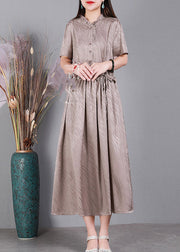 2024 Lotus Root Pink V Neck Button Drawstring Silk Dresses Short Sleeve