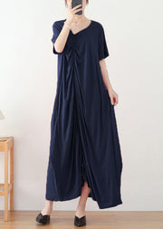 2024 Navy Asymmetrical Design Cotton Long Dress Short Sleeve