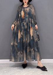 2024 O-Neck Print Tulle Patchwork Wrinkled Chiffon Dresses Long Sleeve