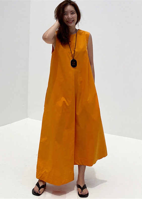 2024 Orange O-Neck Asymmetrical Pockets Cotton Long Dresses Sleeveless