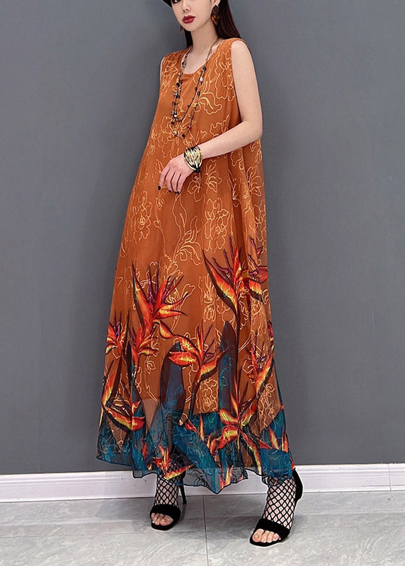 2024 Orange O-Neck Chiffon Long Beach Dresses Sleeveless