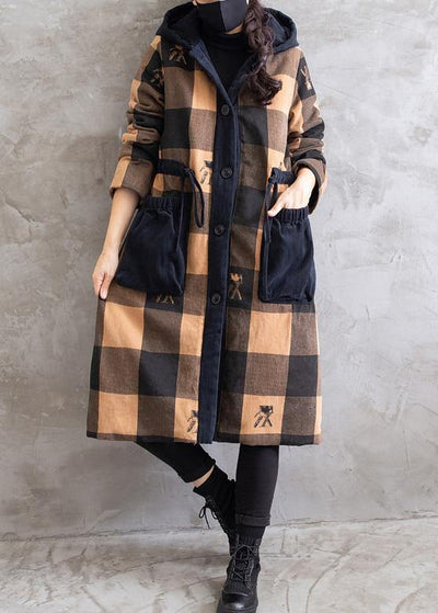 Top Quality Oversize Coats Yellow Plaid Hooded Drawstring parkas Coats - bagstylebliss