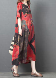 2024 Red O-Neck Print Cotton Beach Dress Short Sleeve