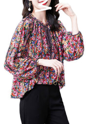 2024 Red Print Stand Collar Ruffled Silk Top Long sleeve