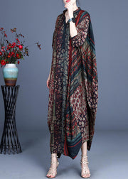 2024 Red V Neck Print Silk Long Dress Batwing Sleeve