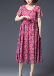 2024 Rose Wrinkled Chiffon Vacation Dress Short Sleeve