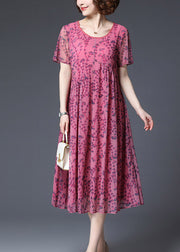 2024 Rose Wrinkled Chiffon Vacation Dress Short Sleeve