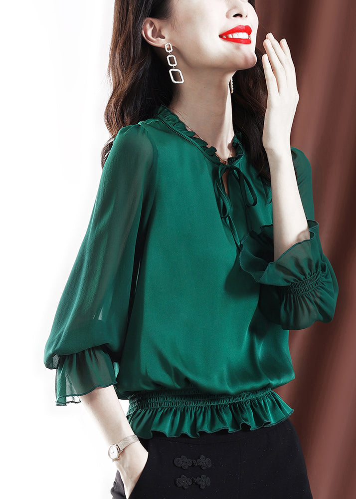 2024 Solid Green Ruffled elastic waist Chiffon Top Long Sleeve