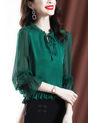 2024 Solid Green Ruffled elastic waist Chiffon Top Long Sleeve