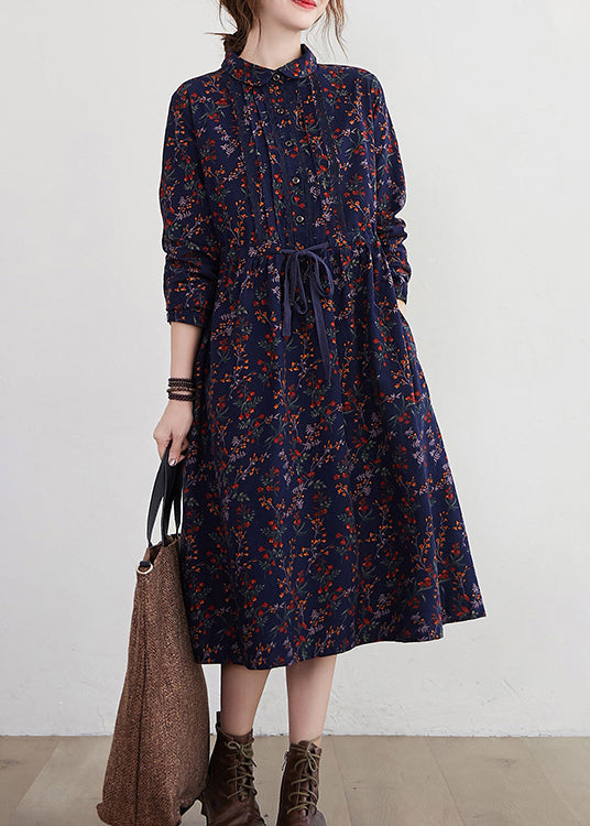 2024 Tibetan Blue Stand Collar drawstring Print Dress Long Sleeve