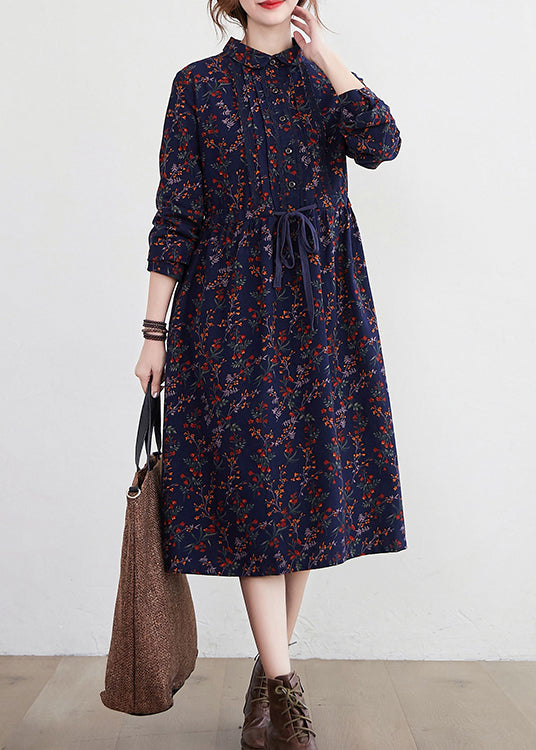 2024 Tibetan Blue Stand Collar drawstring Print Dress Long Sleeve