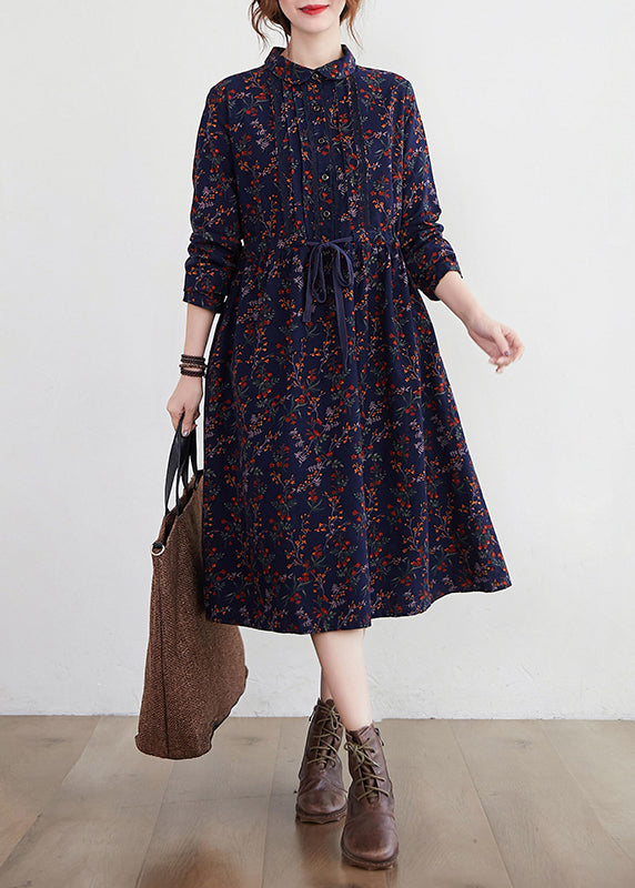 2024 Tibetan Blue Stand Collar drawstring Print Dress Long Sleeve