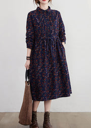 2024 Tibetan Blue Stand Collar drawstring Print Dress Long Sleeve