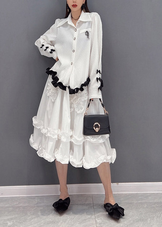 2024 White Embroideried Ruffled Tulle Patchwork Chiffon Dress Two Pieces Set Spring