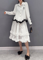 2022 White Embroideried Ruffled Tulle Patchwork Chiffon Dress Two Pieces Set Spring