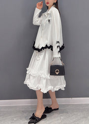 2024 White Embroidered Ruffled Tulle Patchwork Chiffon Dress Two Pieces Set Spring