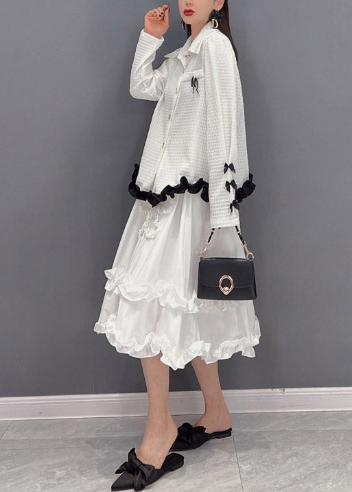 2024 White Embroideried Ruffled Tulle Patchwork Chiffon Dress Two Pieces Set Spring