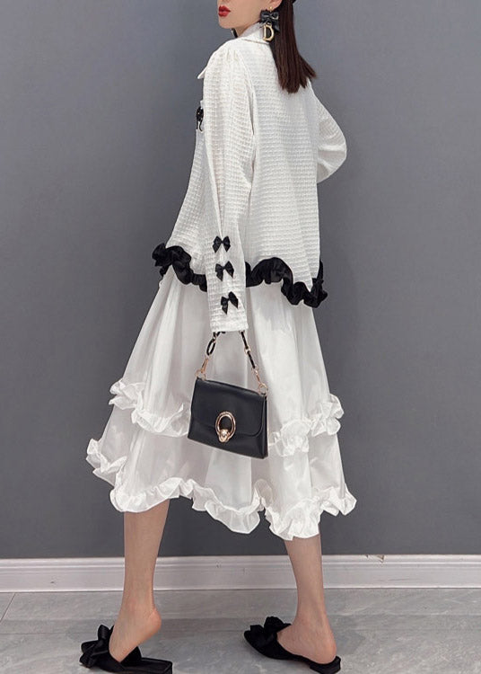 2022 White Embroideried Ruffled Tulle Patchwork Chiffon Dress Two Pieces Set Spring