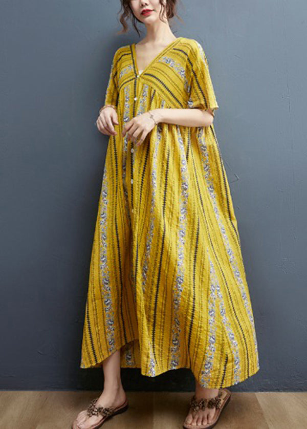 2024 Yellow Print Cotton Maxi Dresses Short Sleeve