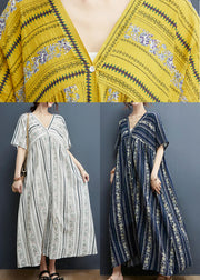 2024 Yellow Print Cotton Maxi Dresses Short Sleeve