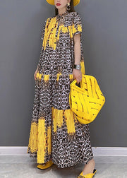 2024 Yellow Print Patchwork Long Dress Short Sleeve