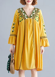 2024 Yellow V Neck A Line Dress Long Sleeve