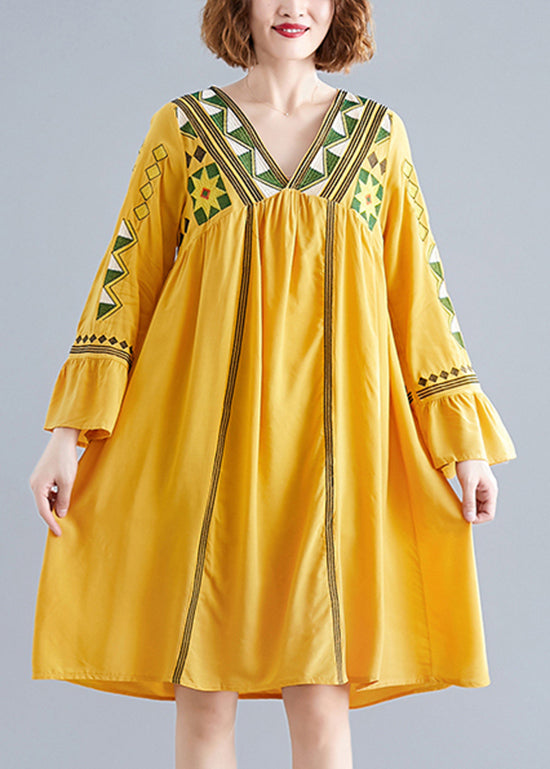 2024 Yellow V Neck A Line Dress Long Sleeve