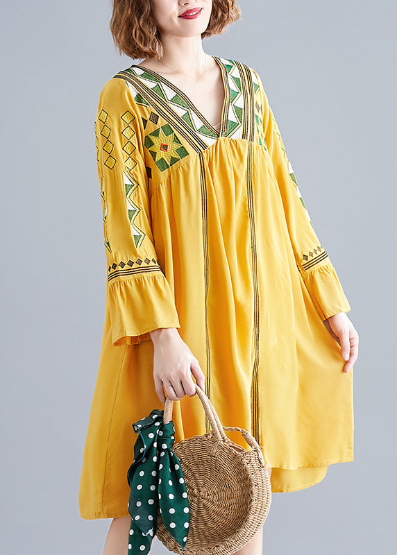 2024 Yellow V Neck A Line Dress Long Sleeve