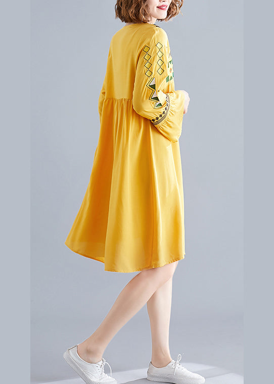 2024 Yellow V Neck A Line Dress Long Sleeve