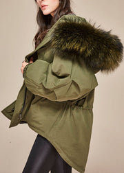 Trendy Army Green Kapuzen-Waschbär-Haarkragen Kordelzug Winter Entendaunen Daunenmantel