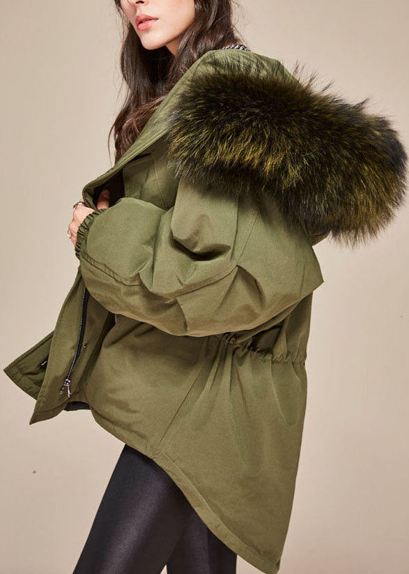 Trendy Army Green Kapuzen-Waschbär-Haarkragen Kordelzug Winter Entendaunen Daunenmantel