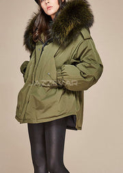 Trendy Army Green Kapuzen-Waschbär-Haarkragen Kordelzug Winter Entendaunen Daunenmantel