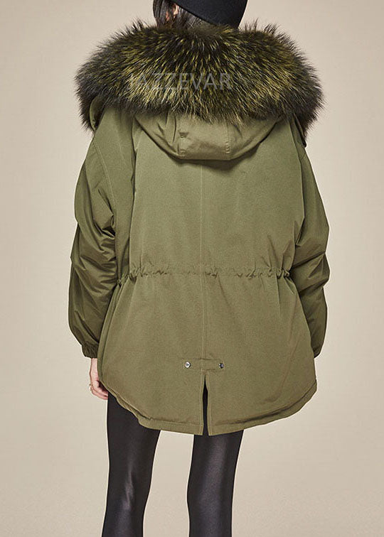 Trendy Army Green Kapuzen-Waschbär-Haarkragen Kordelzug Winter Entendaunen Daunenmantel