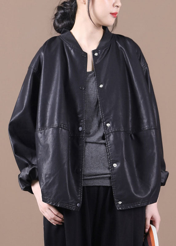 Trendy Black PU Loose Button Fall Coats Long Sleeve