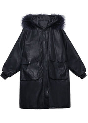 Trendy Black hooded Fur collar Pockets Thick Winter Cotton PU Women s Parka