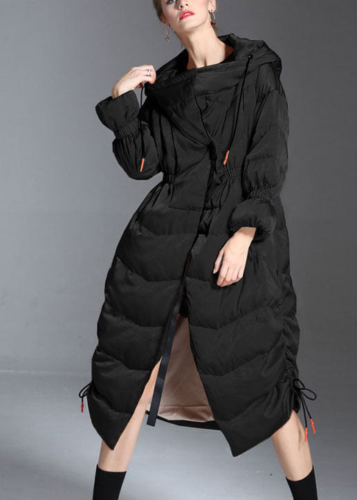 Trendy Black hooded drawstring slim fit Winter Duck Down coat