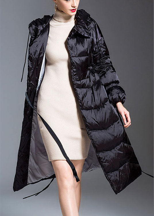 Trendy Black hooded drawstring slim fit Winter Duck Down coat