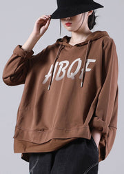 Trendy Brown hooded Drawstring Graphic Fall Patchwork Sweatshirts Top