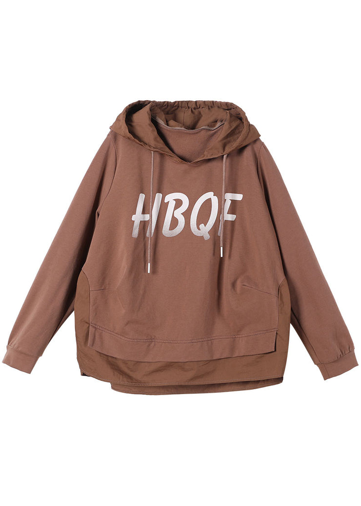 Trendy Brown hooded Drawstring Graphic Fall Patchwork Sweatshirts Top