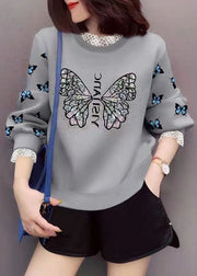 Trendy Grey Lace Patchwork Print Casual Fall Sweatshirt Street wear