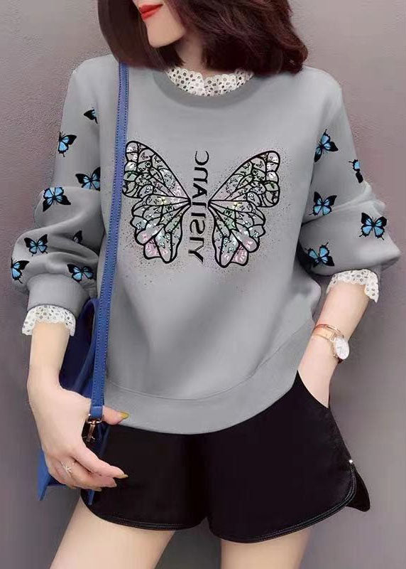 Trendy Grey Lace Patchwork Print Lässiges Herbst-Sweatshirt Streetwear