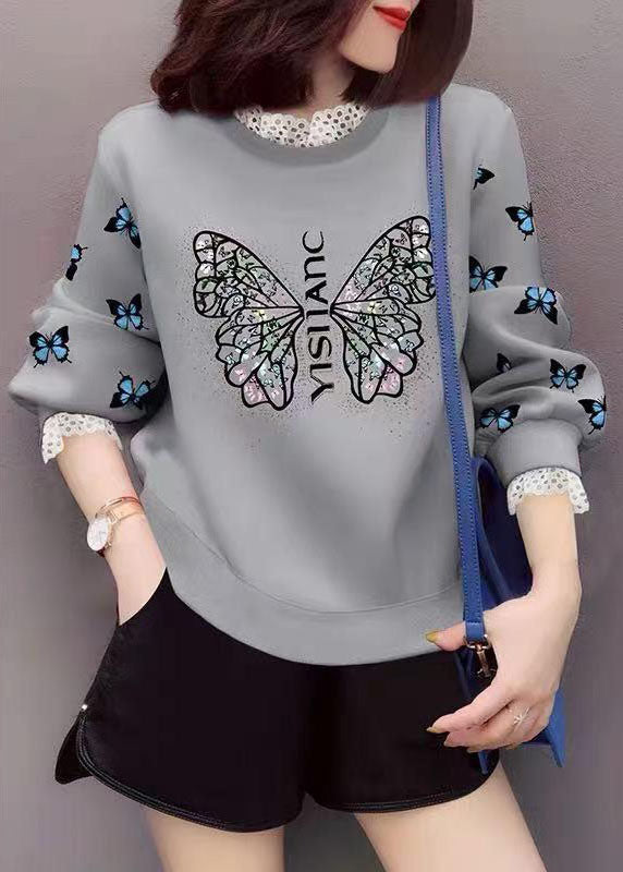 Trendy Grey Lace Patchwork Print Lässiges Herbst-Sweatshirt Streetwear